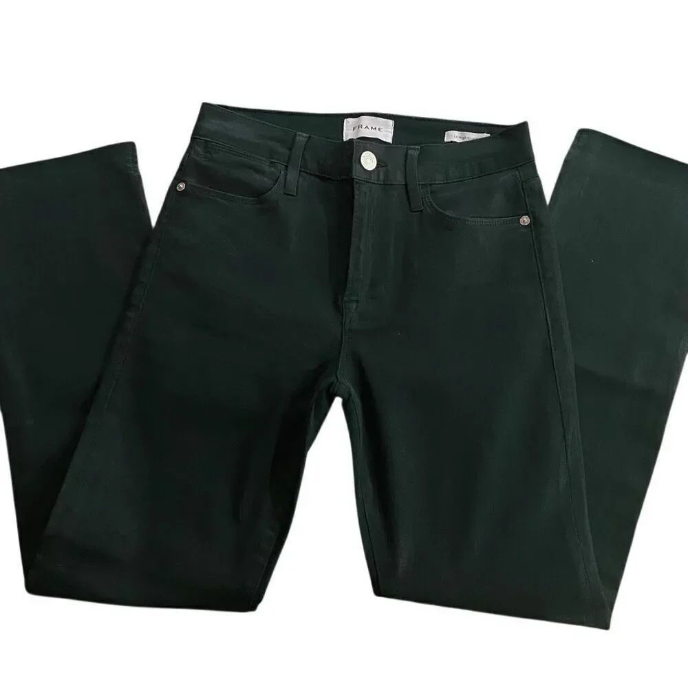 Frame le high straight size 27 green jeans cut raw hem